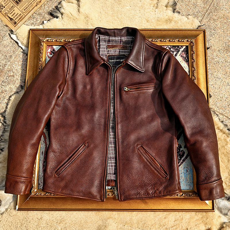 进口头层牛皮皮夹克 1930阿美咔叽复古1.8厚重修身机车真皮皮衣男