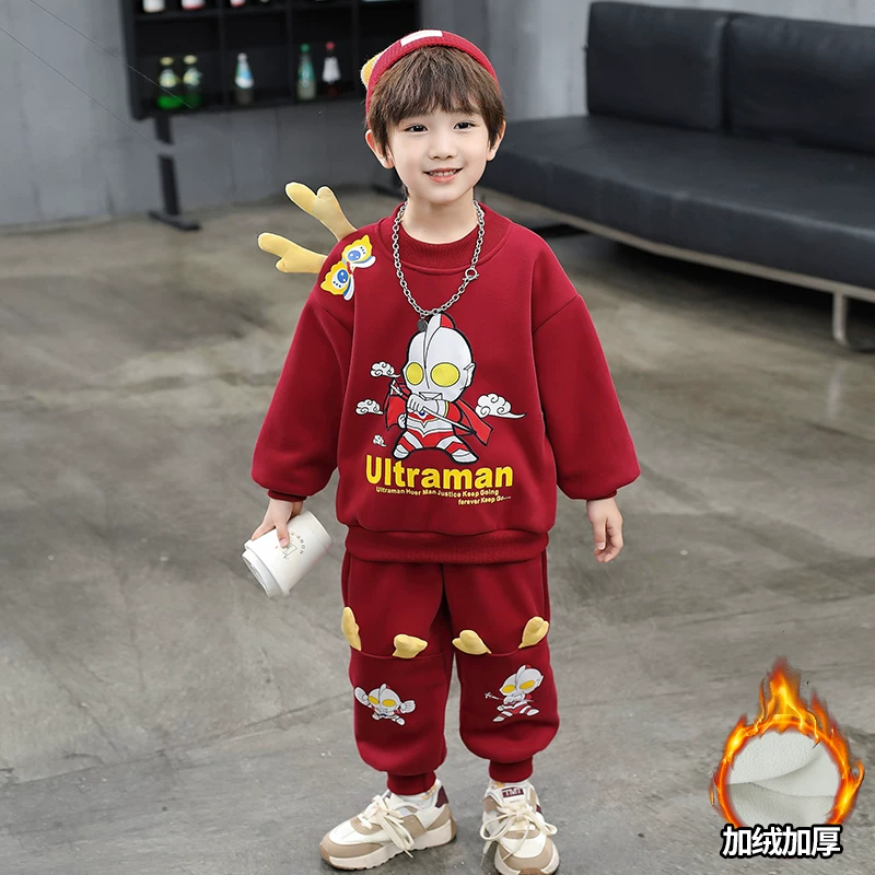 奥特曼男童加绒套装秋冬洋气儿童拜年服男孩宝红色喜庆卫衣两件套