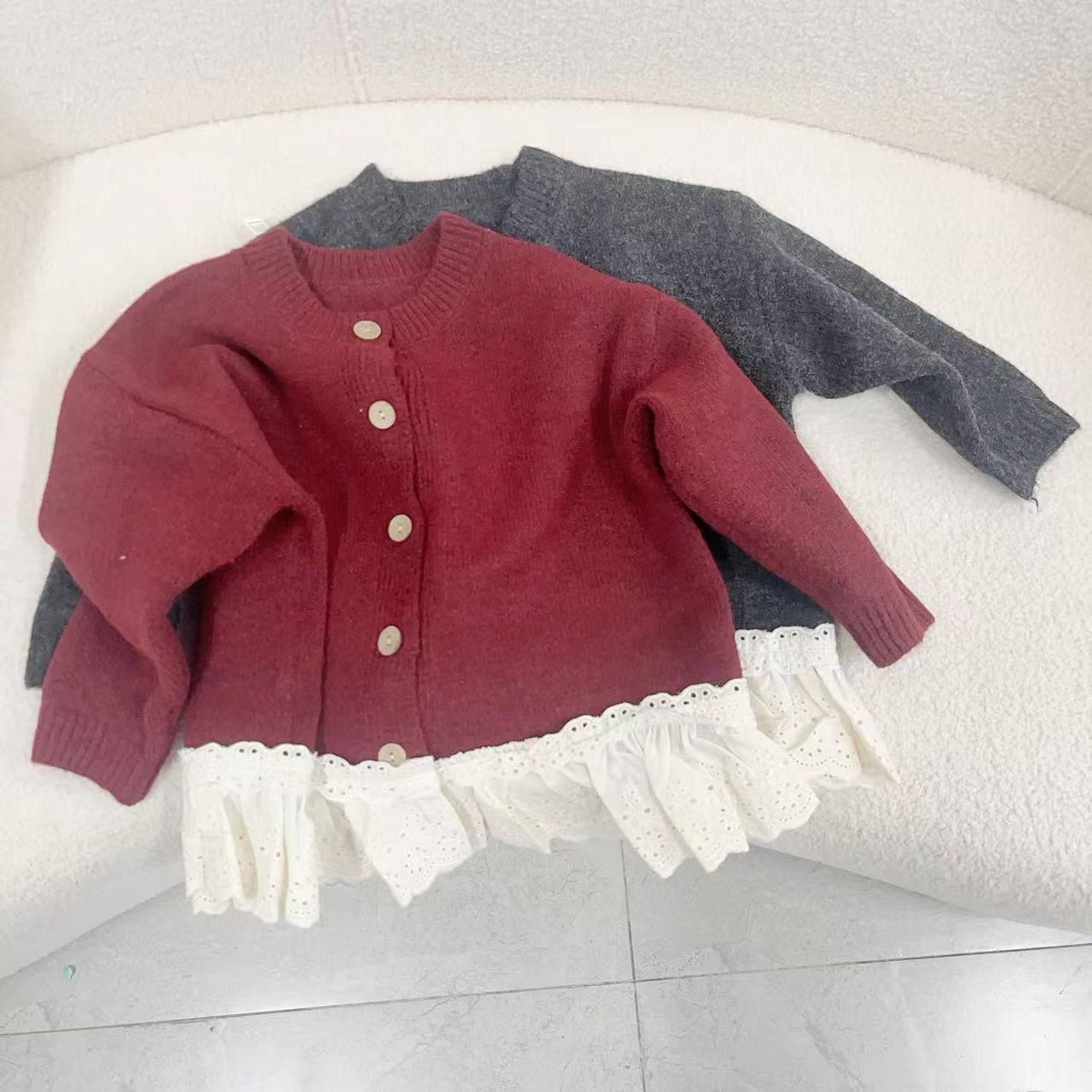 秋冬季女童拼接花边开衫毛衣KK030