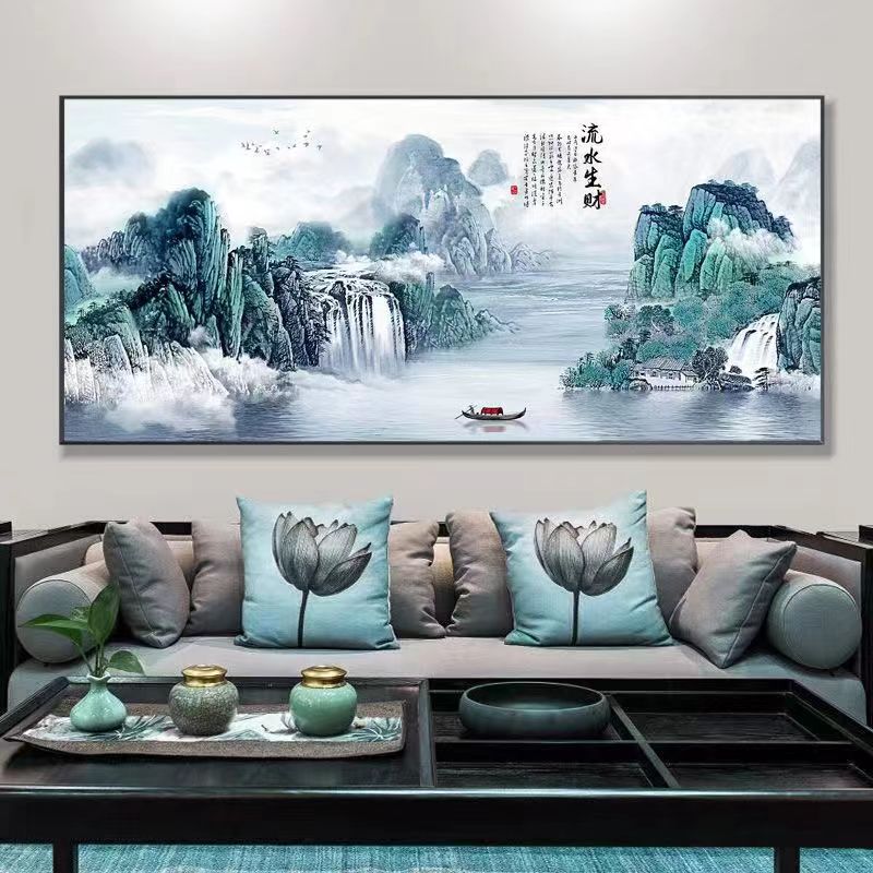LED 灯光画流水生财客厅中式高端大气轻奢艺术简约沙发晶瓷装饰画