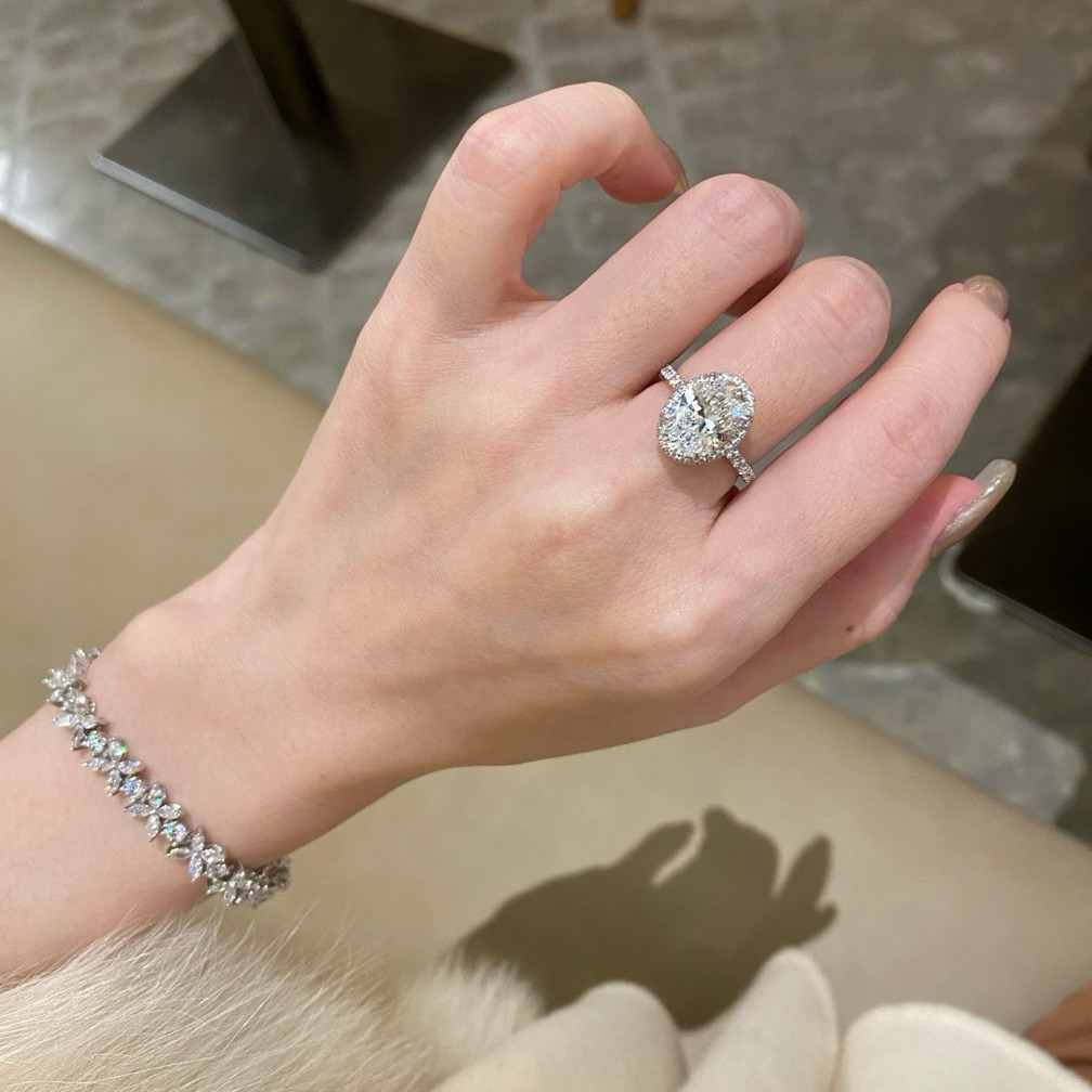 足银玻璃戒指 高碳钻S925鸽子蛋椭圆围镶钻戒指女日韩欧美轻奢
