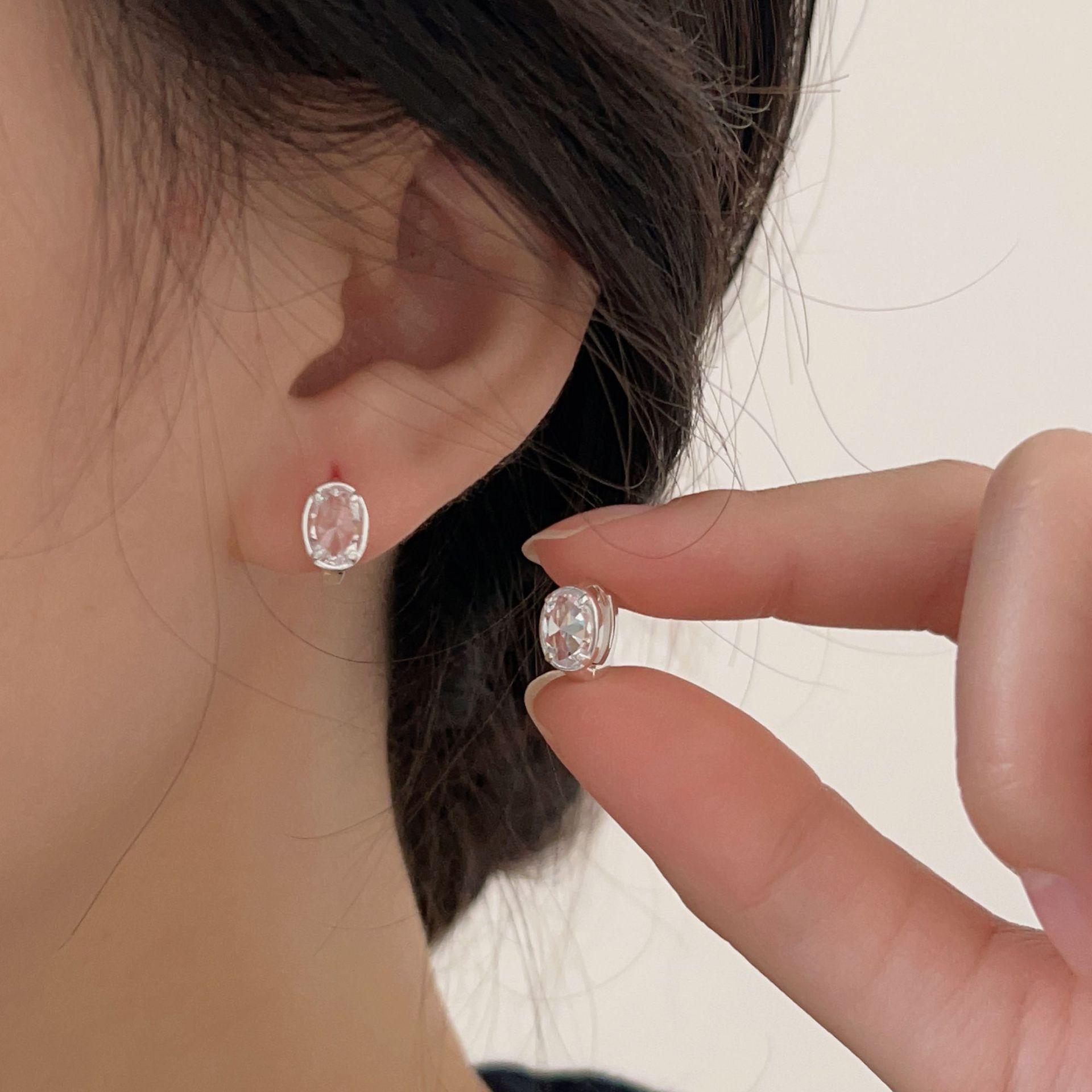 足银玻璃耳饰 S925镶石耳环女时尚简约轻奢ins风椭圆石耳扣耳环