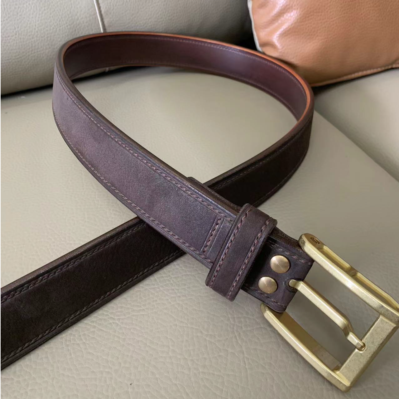 双层对贴英国酷度磨砂深咖+托斯卡纳咖色+D字铜扣休息皮带