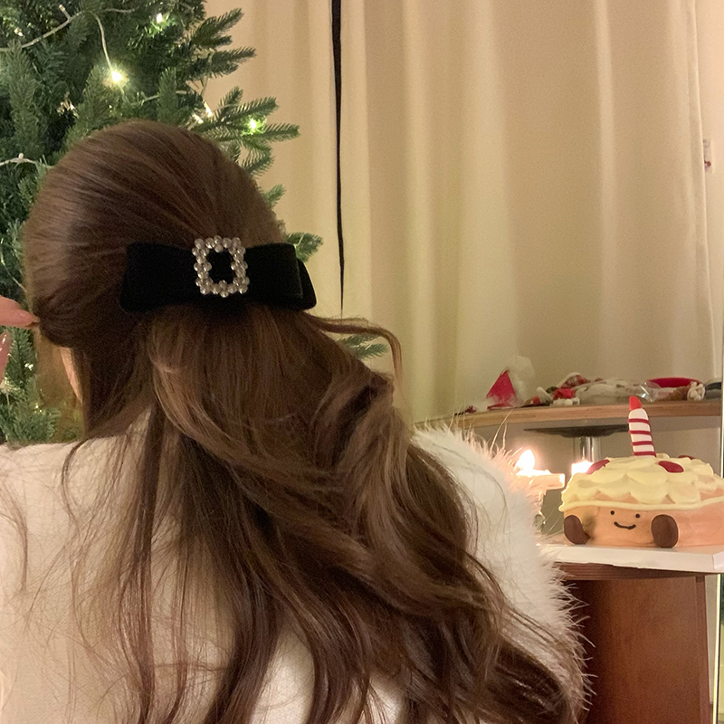 千金感方钻立体黑色丝绒蝴蝶结发夹女后脑勺半扎发夹子头饰发卡
