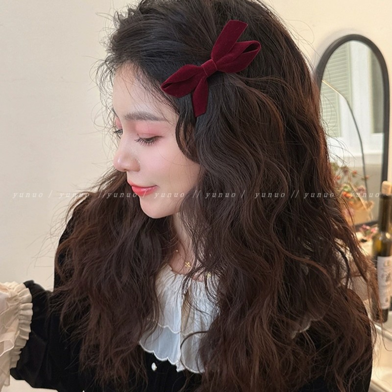 圣诞新年红蝴蝶结发夹女2023新款侧边碎发鸭嘴夹子头饰前额刘海夹