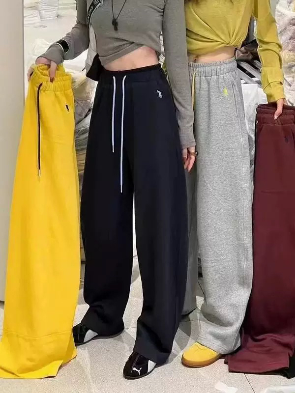 抽绳刺绣休闲阔腿卫裤女2024冬季新款加绒加厚香蕉裤运动裤弯刀裤
