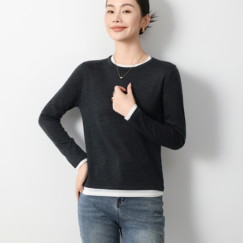 （而立★精纺）可机洗！圆领假两件精纺羊毛100%扬子纱羊毛打底上衣新