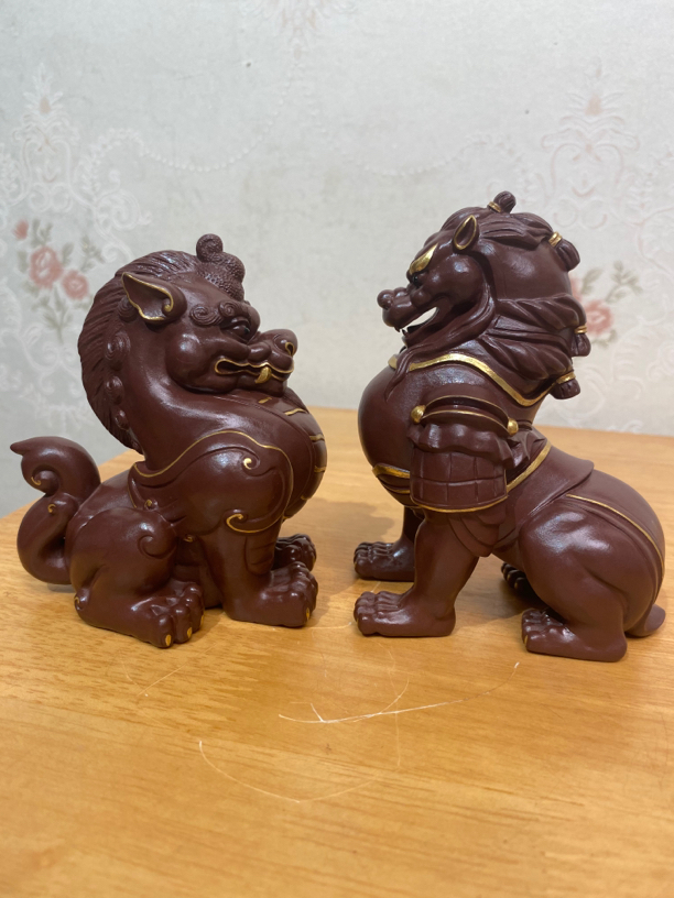 宜兴紫砂茶宠 招财描金对貔貅 原矿老紫泥 