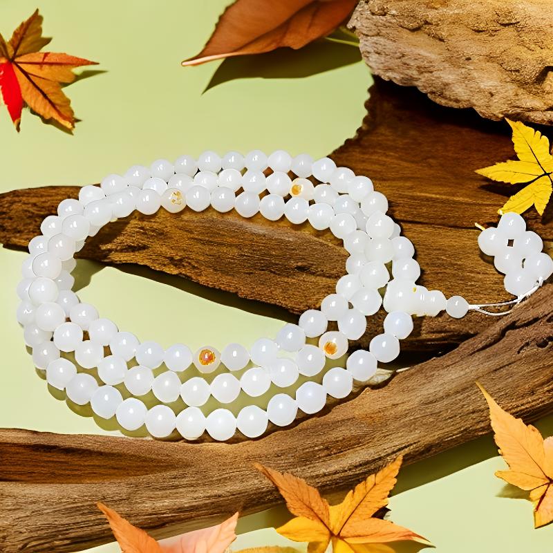 新疆和田玉卡8一级白108佛珠项链