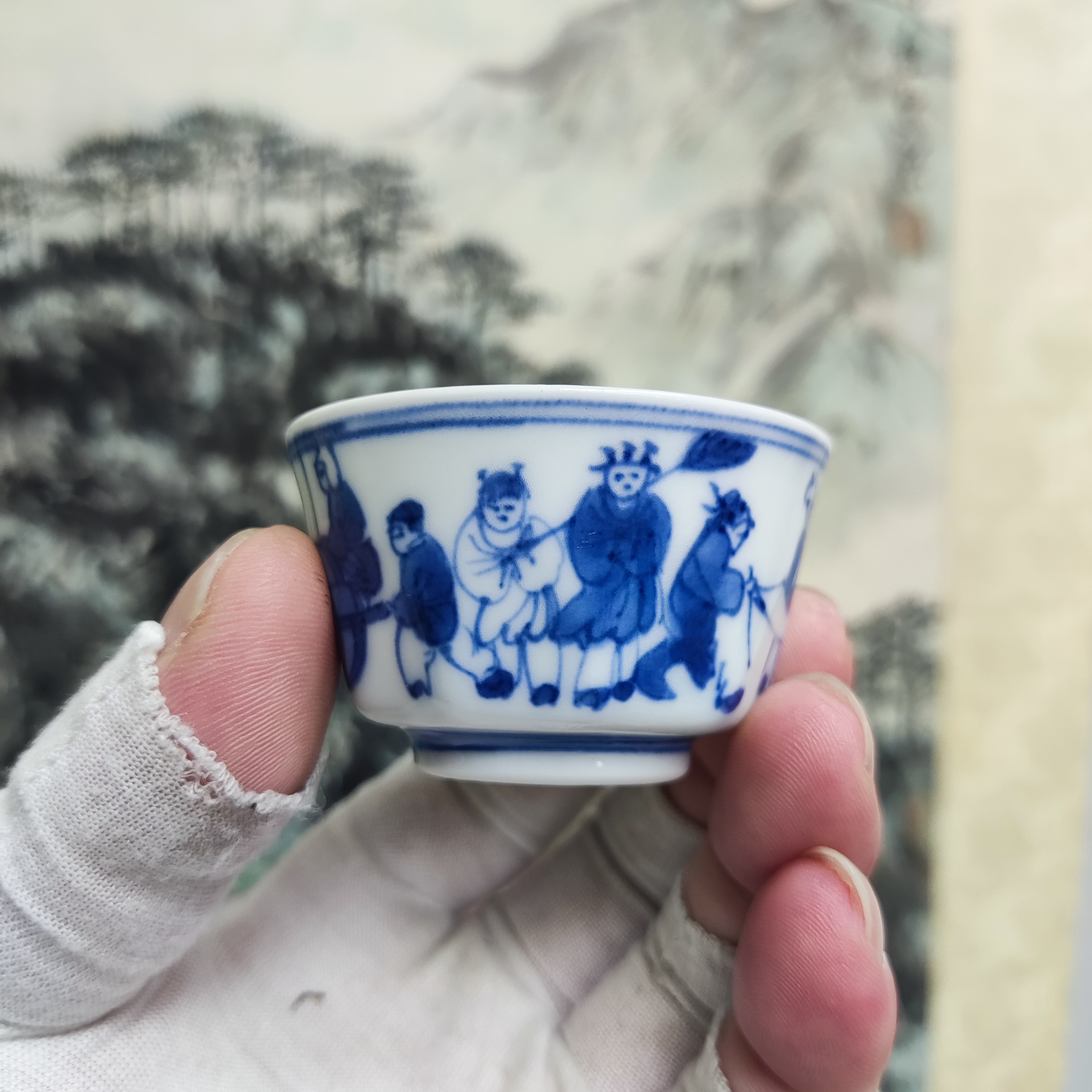 京烧名家平安古全手绘缠枝青花小茶杯主人杯瓷质温润青花发色自然