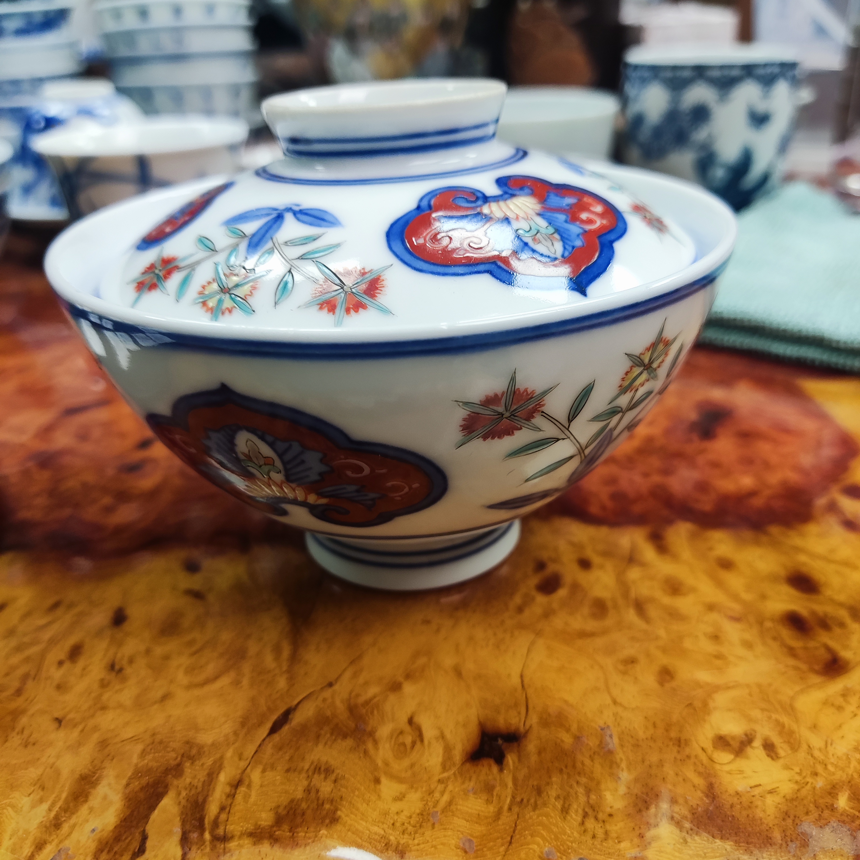 十三代柿右卫门盖碗茶碗陶瓷柴窑釉里红大碗釉下青纯手工小盖碗