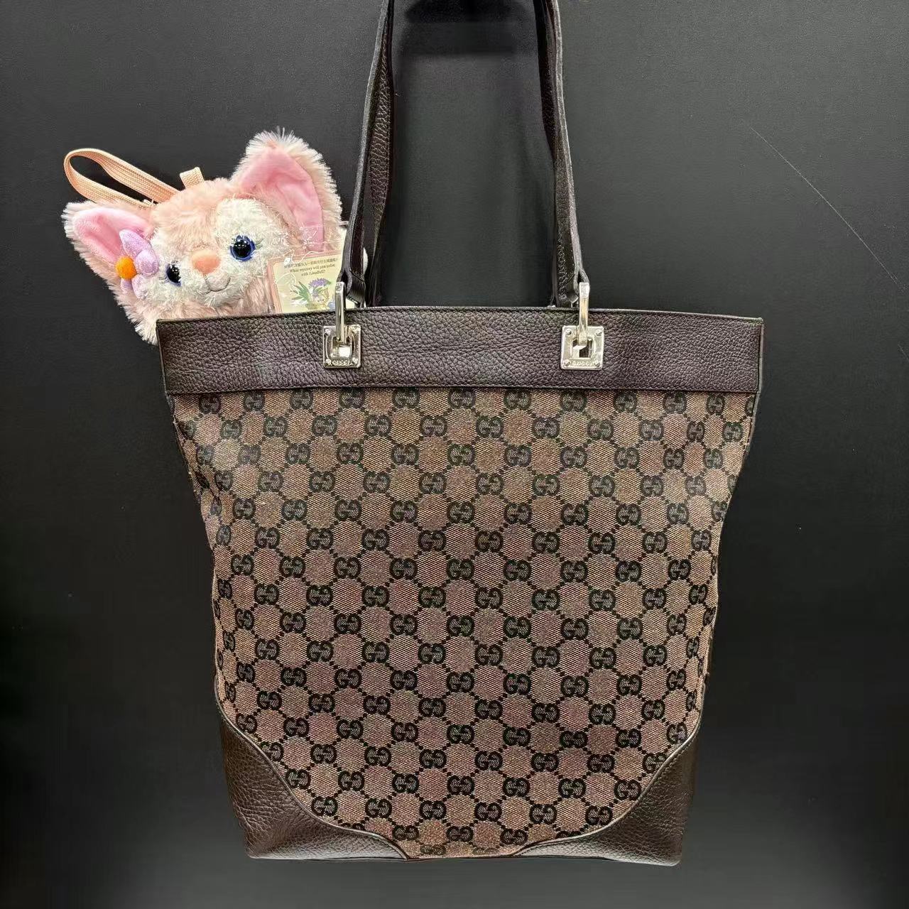 95新 GUCCI/古驰 XM/巧克力棕老花拼皮单肩托特包/SP10723068