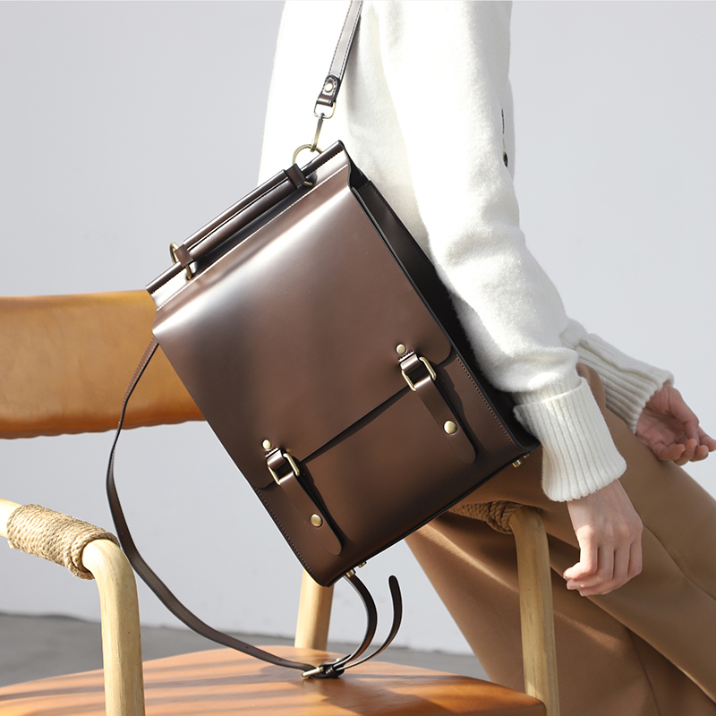 La Seine塞纳原创真皮双肩包女英伦学院风书包大学生复古电脑背包