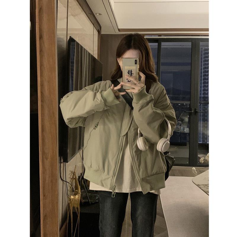 复古军绿色立领棒球服棉服女冬季夹棉加厚飞行员夹克保暖棉衣外套