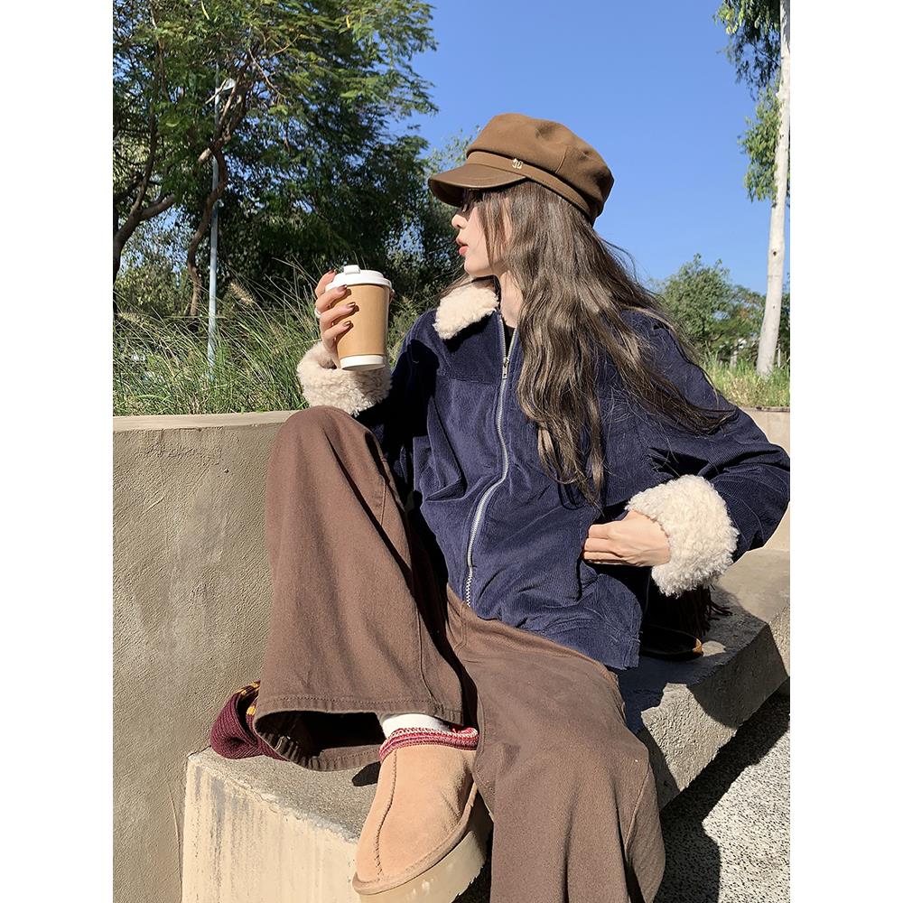 复古翻领灯芯绒夹克外套女冬季加绒加厚宽松短款绒棉衣棉春秋休闲