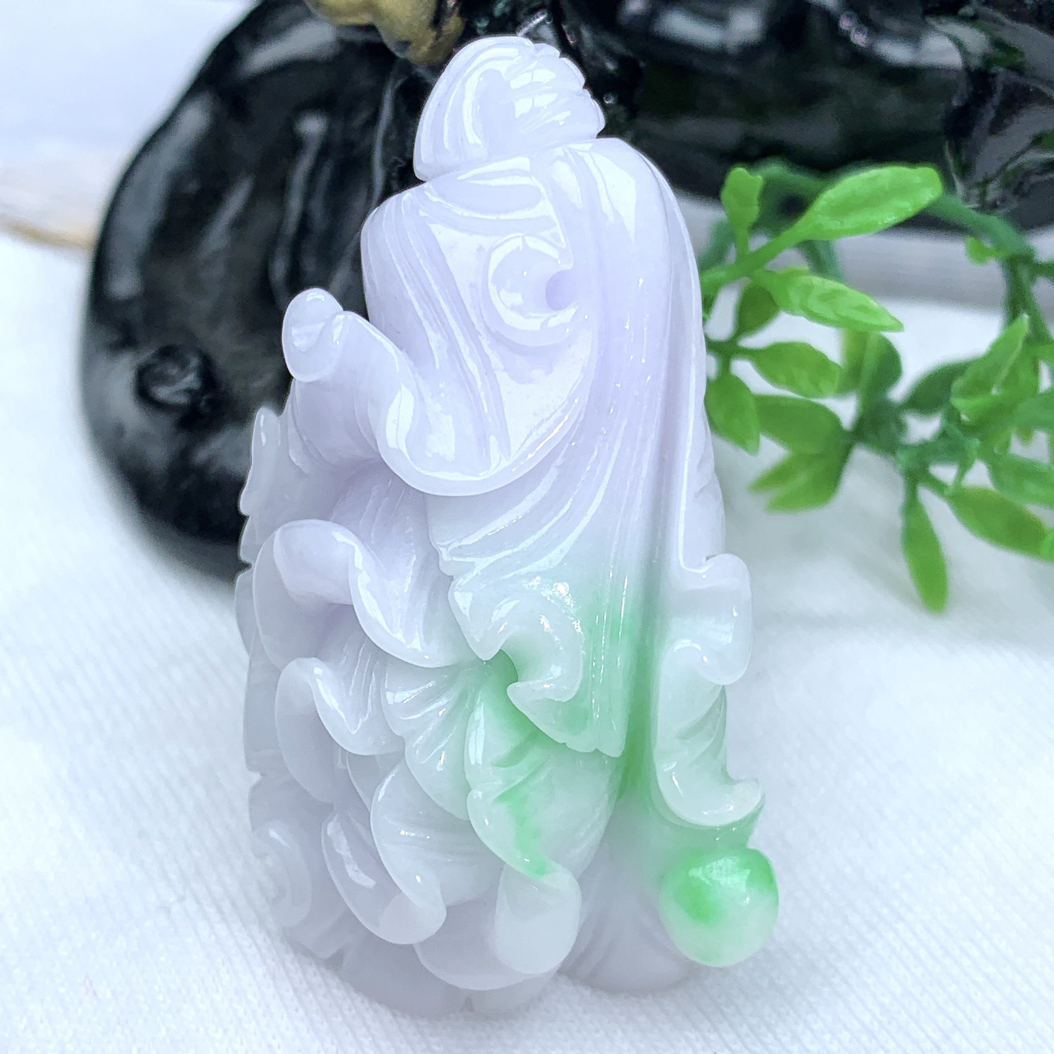 天然缅甸翡翠A粉紫罗兰飘绿春彩白菜百事来财吊坠挂件