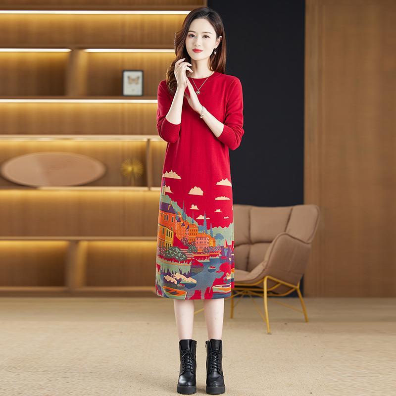 2291 秋冬新款印花打底裙洋气时尚气质宽松大码打底针织连衣裙