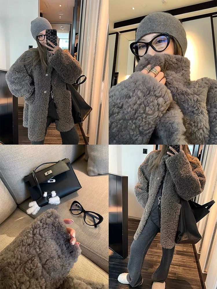 《灰色假日》新款立领时尚毛毛外套中长款皮毛一体宽松环保毛绒大衣