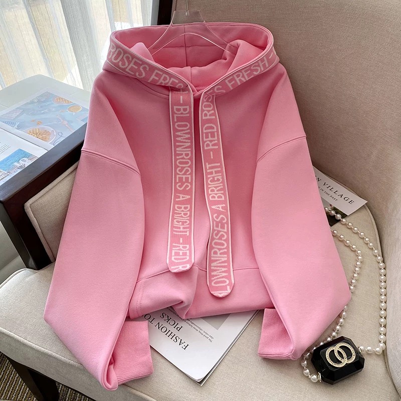 女童字母长袖连帽卫衣秋冬新款百搭宽松中大童洋气美式上衣外套潮