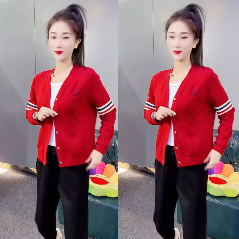 【高品质】2024新款女时尚气质休闲百搭撞色条纹长袖针织开衫上衣