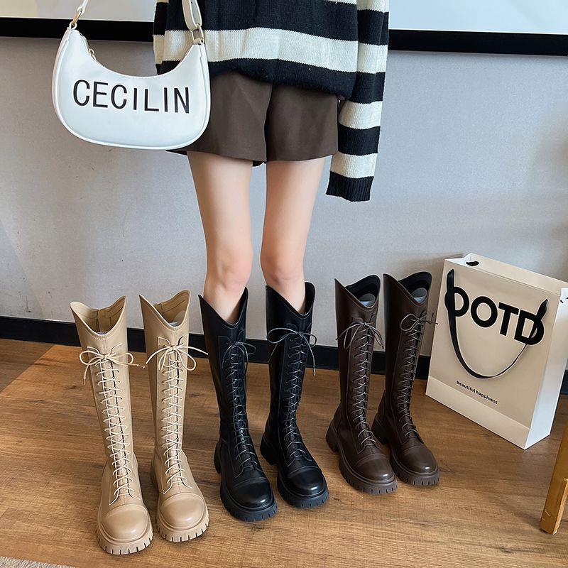 厚底棕色长筒靴v口骑士靴小粗腿长靴胖mm大筒围高筒靴大码女靴子