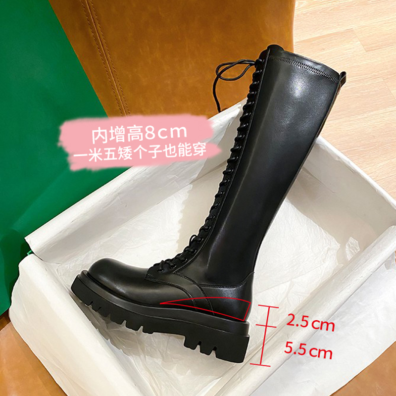 厚底小个子长筒靴绑带长靴女不过膝2023新款显瘦内增高筒骑士靴子