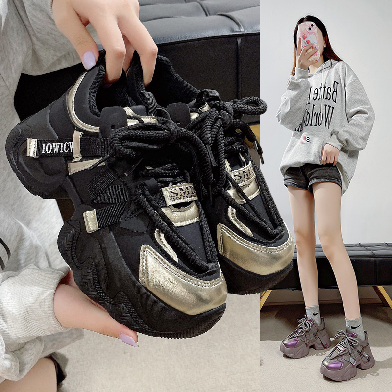 厚底老爹鞋女2023秋冬新款轻便拼色增高舒适黑色百搭休闲运动鞋潮