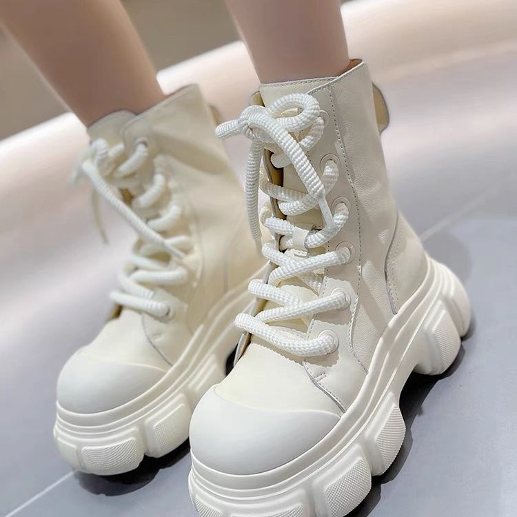 欧洲站松糕厚底马丁靴女2023秋冬新款百搭系带大头增高短靴潮