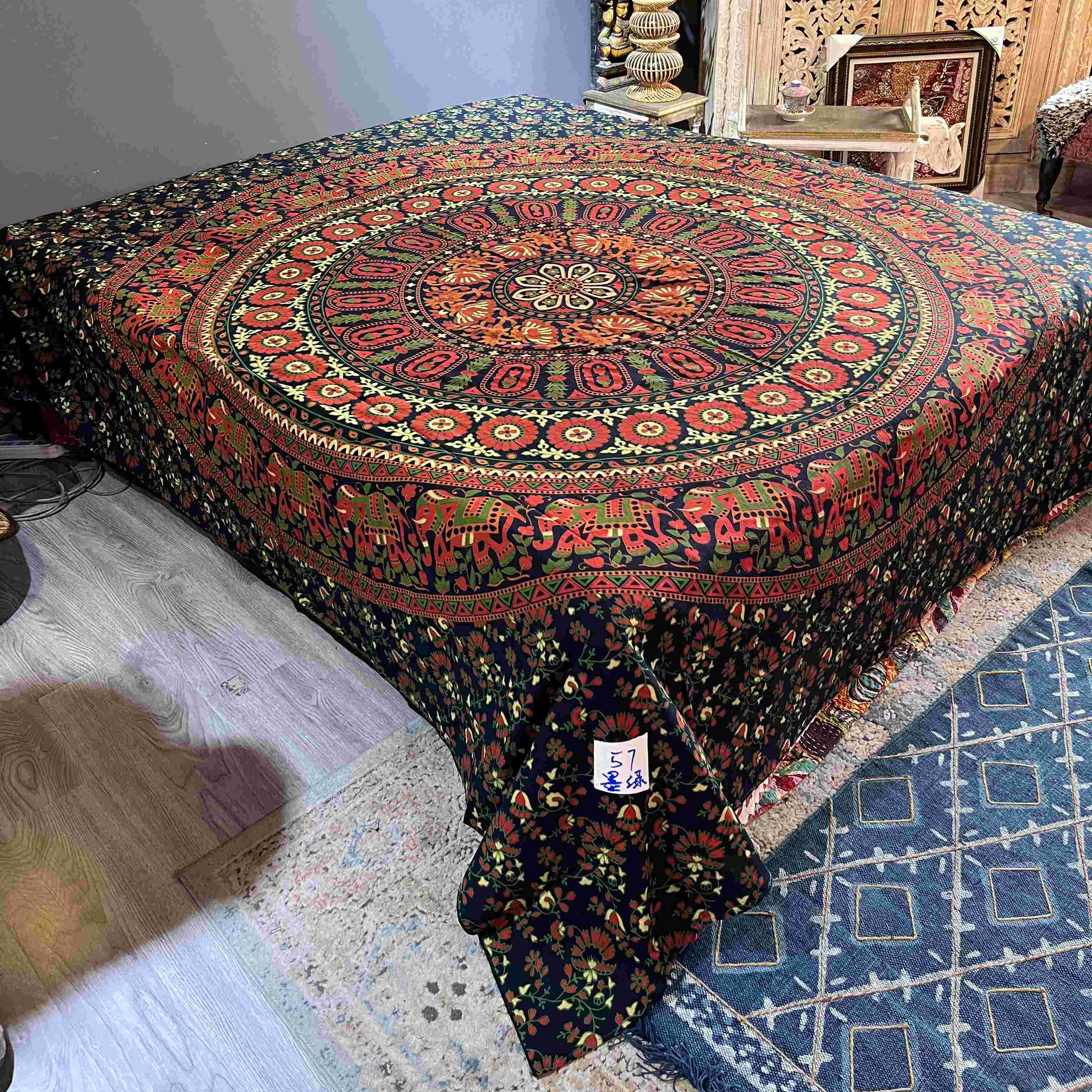 三只象-印度双人纯棉曼达拉床单墨绿床盖民族风大花复古挂布