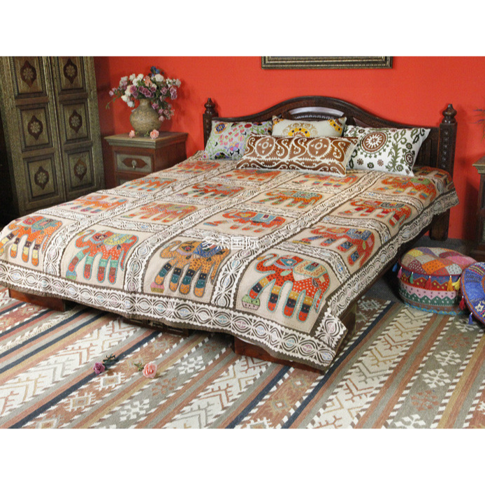 三只象-精品复古剪贴布棉质大象欧式床盖民族风盖毯