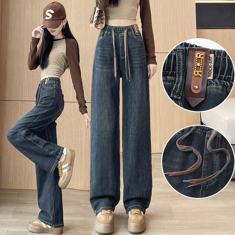 窄版松紧腰初高中大童直筒牛仔裤女秋季2024新款高腰显瘦学生裤子