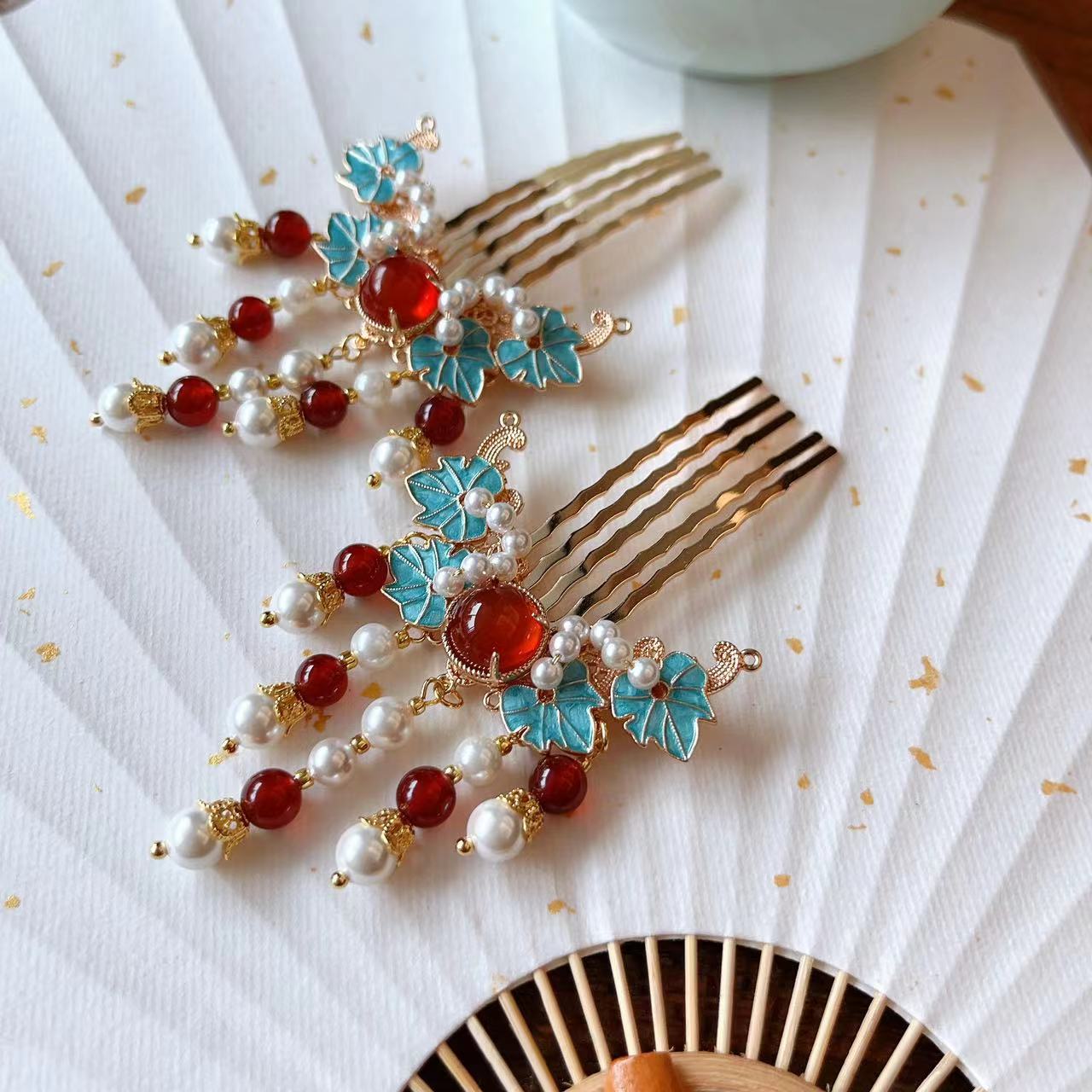 原创古风新中式汉服明制少女风百搭烧蓝树叶掩鬓对梳