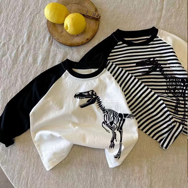 DEYAO/得遥儿童长袖条纹T恤春秋新款男女宝宝恐龙卡通插肩袖上衣