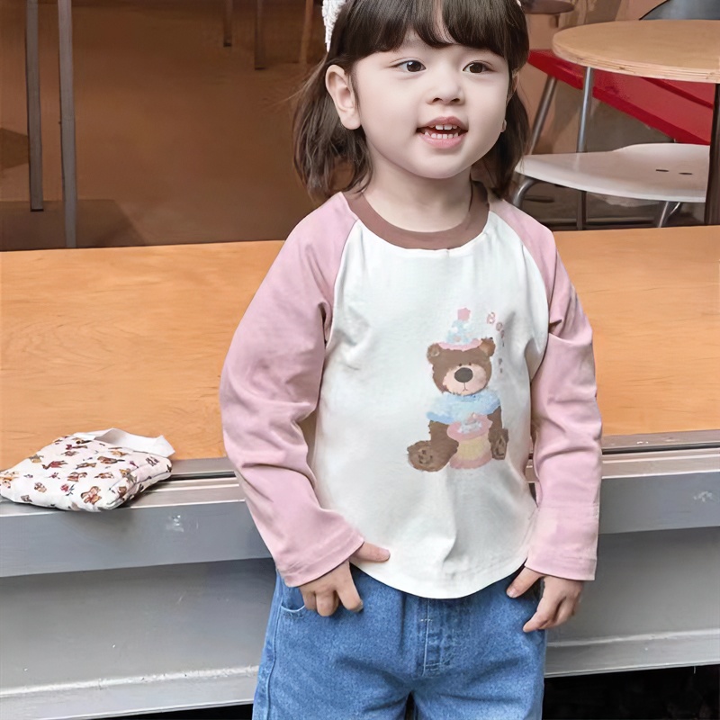 DEYAO/得遥小熊打底长袖新款春秋季女宝宝卡通休闲拼色韩版T恤潮