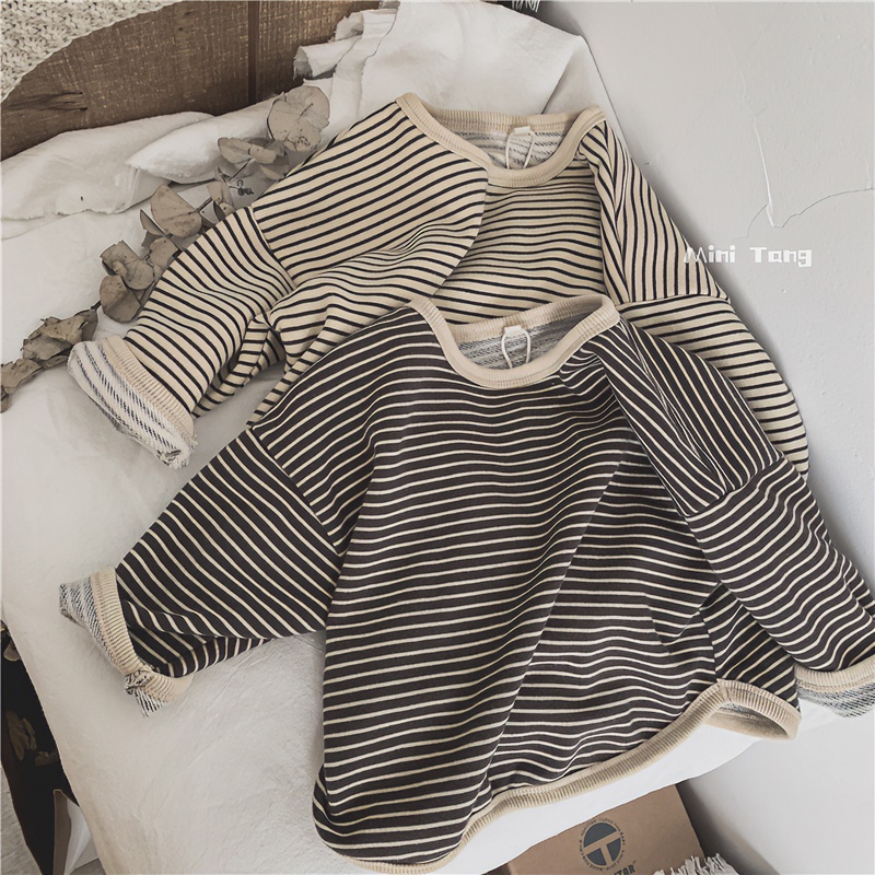 春秋款儿童卫衣韩版宽松百度圆领男女童间条纹上衣长袖T恤  1235