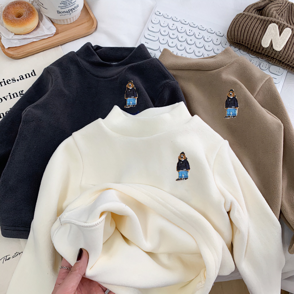 男女童加绒打底衫儿童一体奥粒绒半高领内搭中小童卡通小熊上衣潮