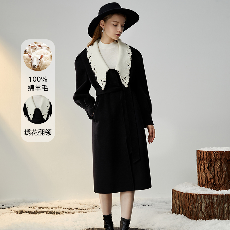 【诗语专属】恩曼琳秋冬新款绣花翻领泡泡袖羊毛双面呢大衣EANCDB62