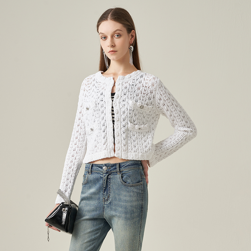 ANMANI恩曼琳25春季新款镂空提花小香风棉线针织开衫外套EANFAA01
