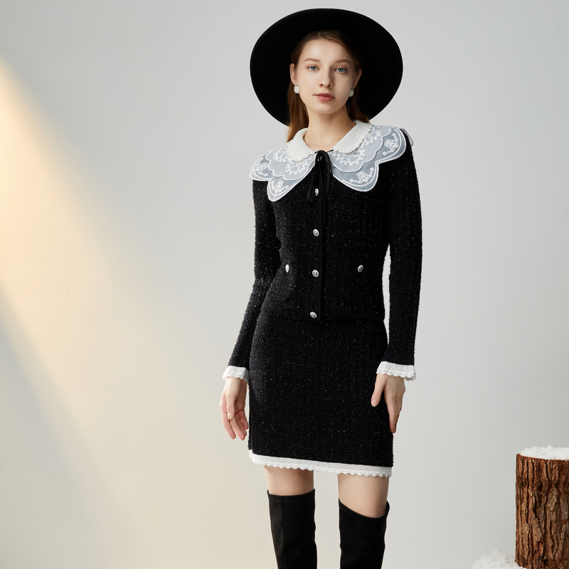 【千颂妮专享】恩曼琳秋冬新款蝴蝶结撞色刺绣娃娃领针织开衫EANCDA