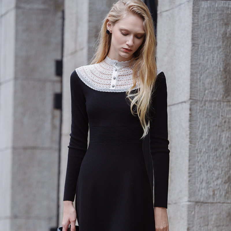 ANMANI恩曼琳新款优雅蕾丝拼接云肩收腰针织连衣裙EANECA59