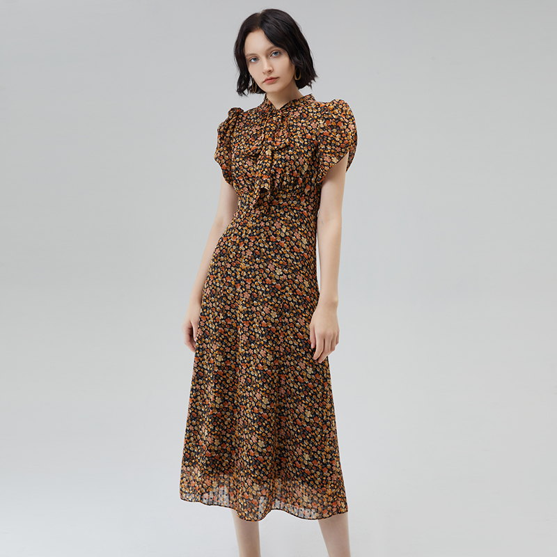 【陈大可专属】恩曼琳夏季法式飘带领花苞袖高腰碎花连衣裙EANEBH34