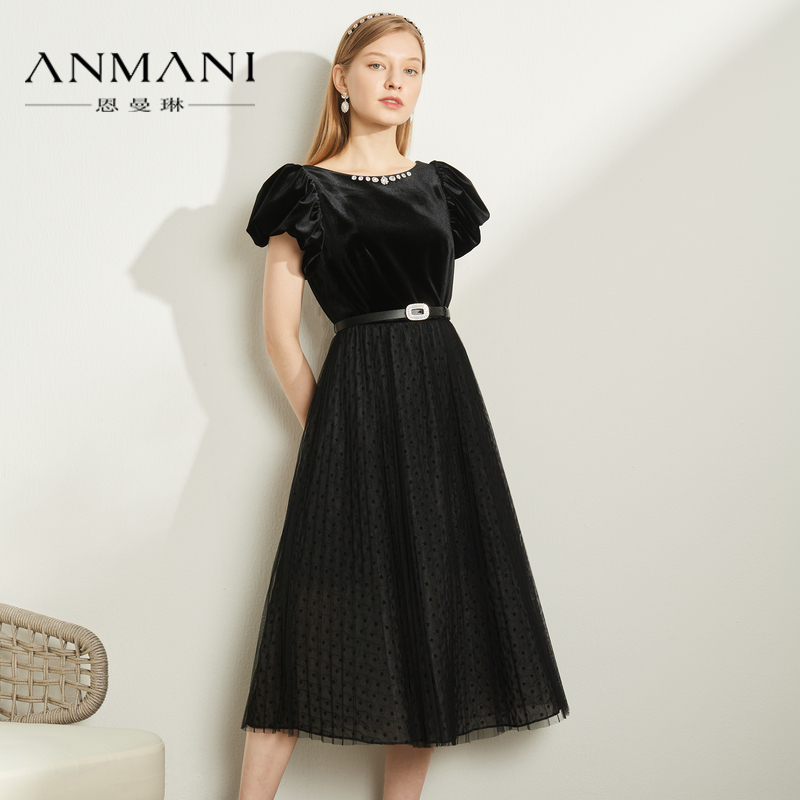 【陈大可专属】恩曼琳春季丝绒网纱蕾丝拼接礼服高腰连衣裙EANDAL16