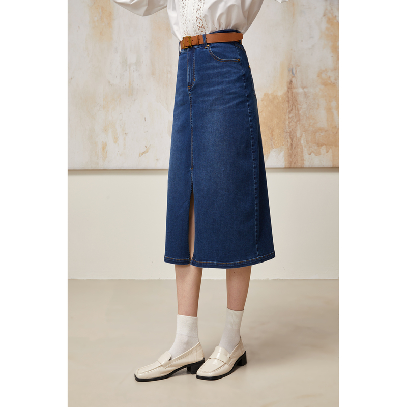 【彭彭echo专属】恩曼琳初秋新款复古时尚牛仔半身裙开叉直筒长裙EA