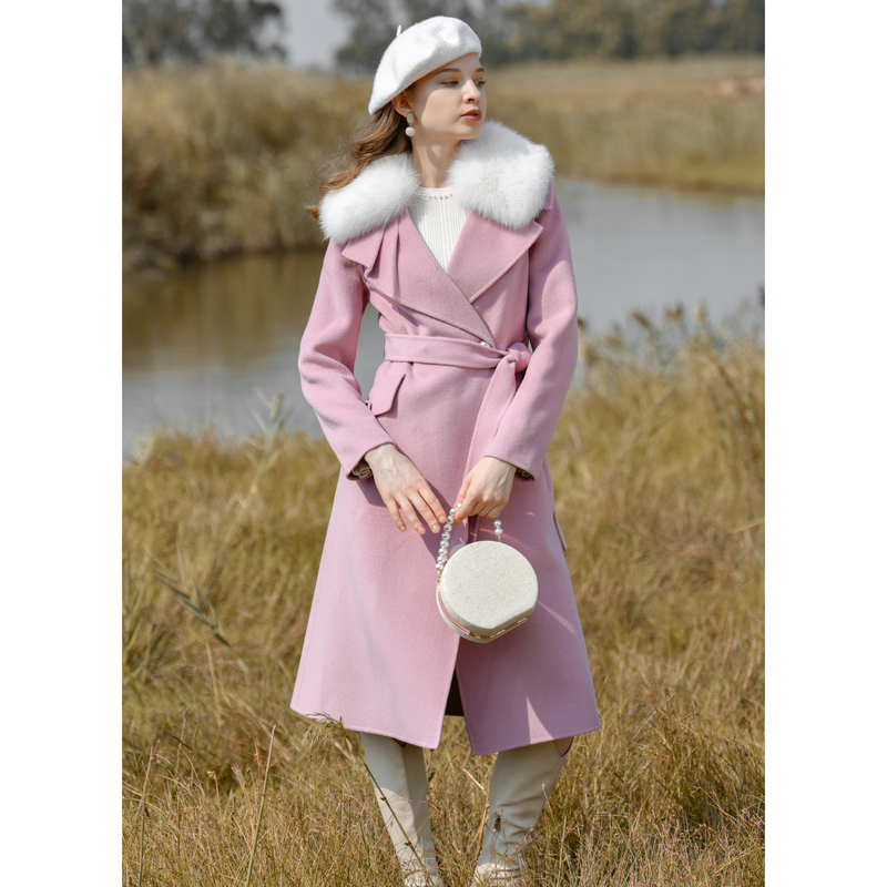 【诗语专属】恩曼琳秋冬新款大毛领收腰长款双面呢大衣外套EANCDC15