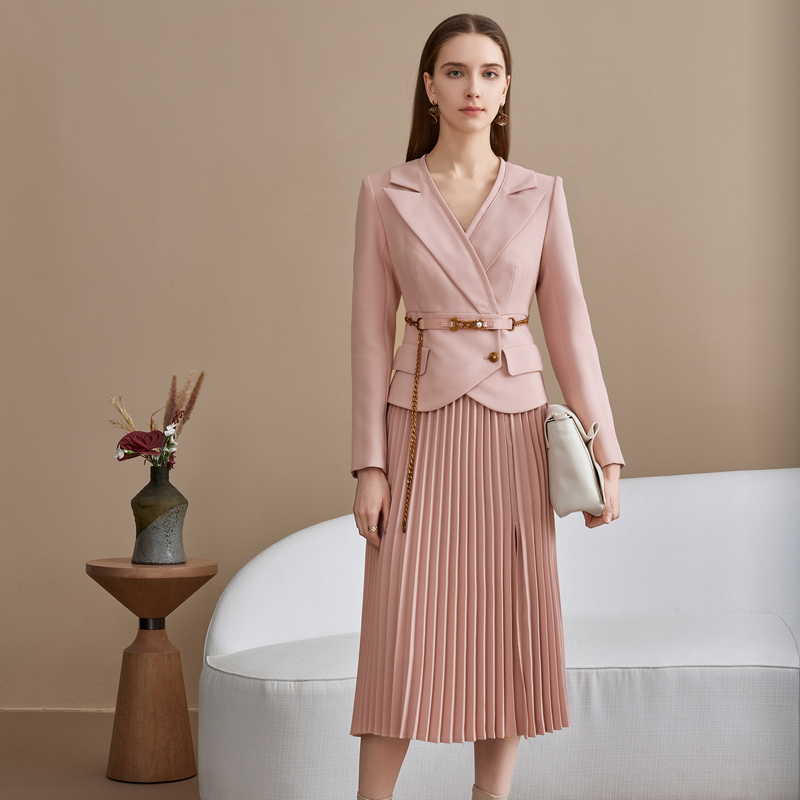 ANMANI恩曼琳新款气质通勤收腰百褶长款西装连衣裙西装女EANDCH73