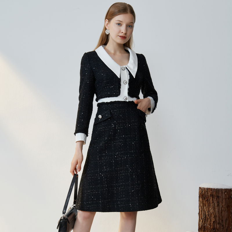 【小熊专属】恩曼琳秋季新款撞色翻领亮片粗花呢高腰连衣裙EANCCH