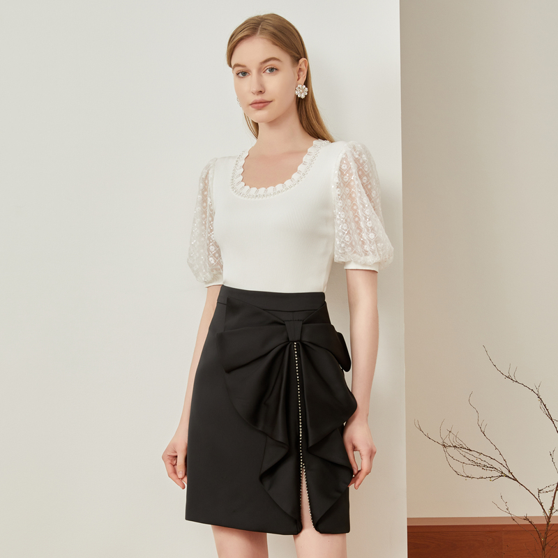 【彭彭echo专属】恩曼琳春季新款网纱泡泡袖钉珠圆领针织衫上衣EAND