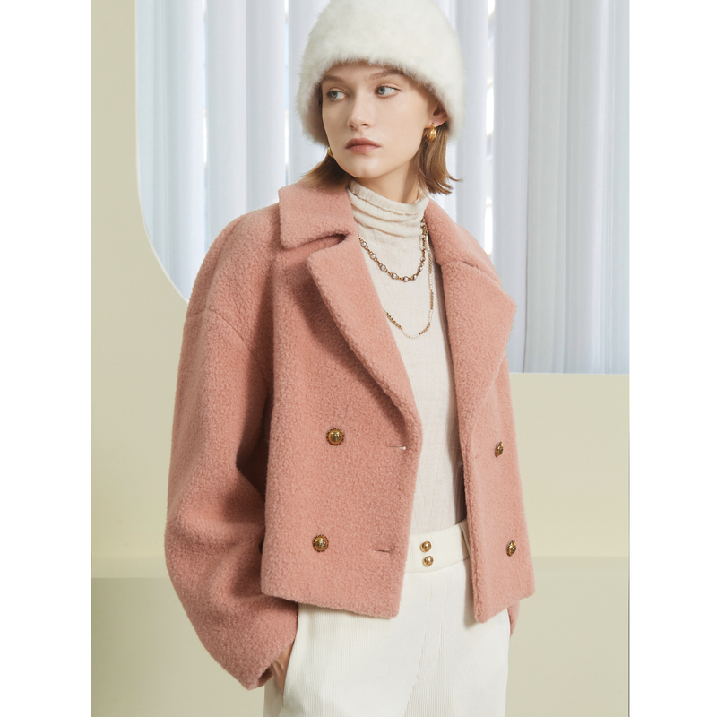 ANMANI恩曼琳秋冬新款复古翻领双排扣颗粒绒短款外套EANDDW02