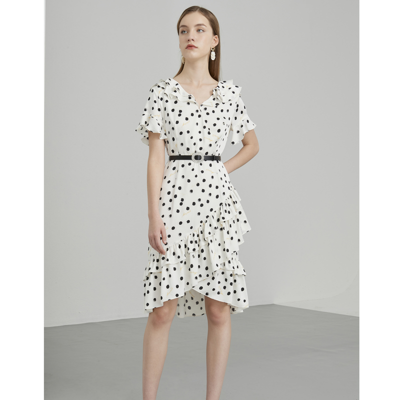 【诗语专属】恩曼琳春夏法式波点木耳边V领收腰连衣裙女EANCBA63