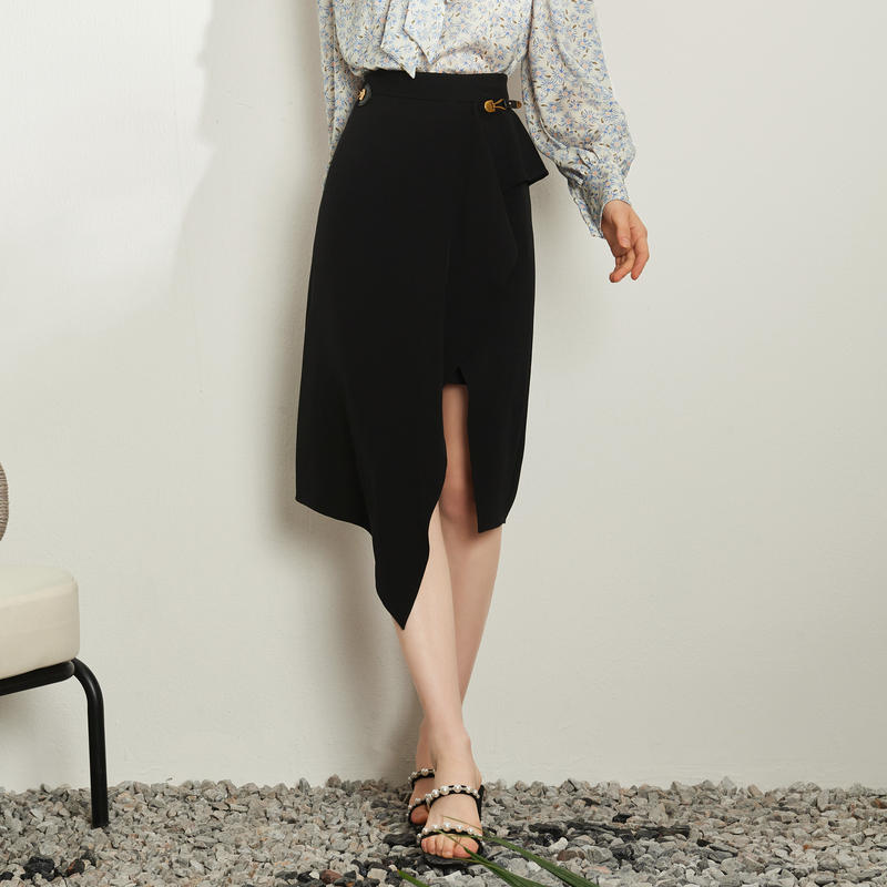 ANMANI恩曼琳春季不对称荷叶边开叉高腰A字半身裙EANDAH52